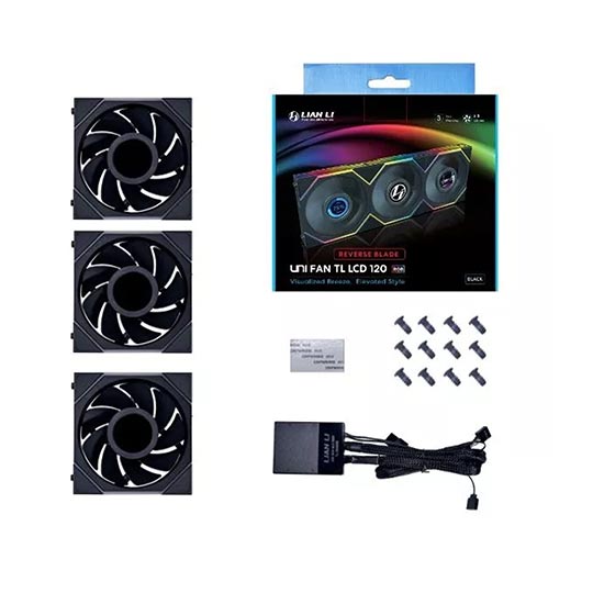 UNI FAN TL-LCD Reverse 120 Black (3pcs)aRGB PWM with LCD Screen 120mm TBC RPM (3pcs) with controller 28mm thickness (Reverse blade)