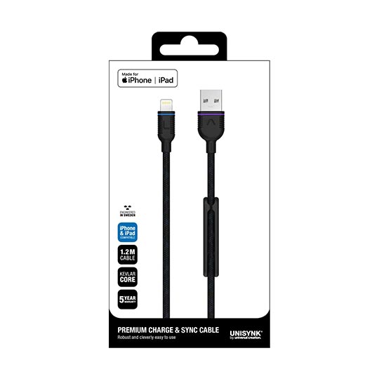 UNISYNK USB-A TO LIGHTNING CABLE BLACK 1.2M