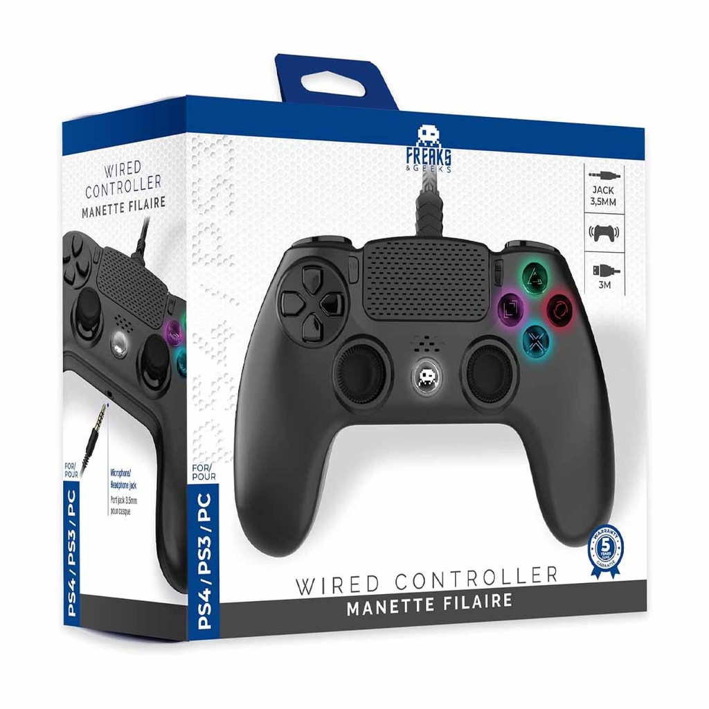 Freaks And Geeks Black Wired Controller with 3M Cable with Jack Socket for PS4