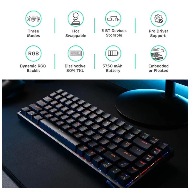 Royal Kludge Gaming Keyboard Rgb Tri Mode Hot Plug Blue Switch Black Rk84