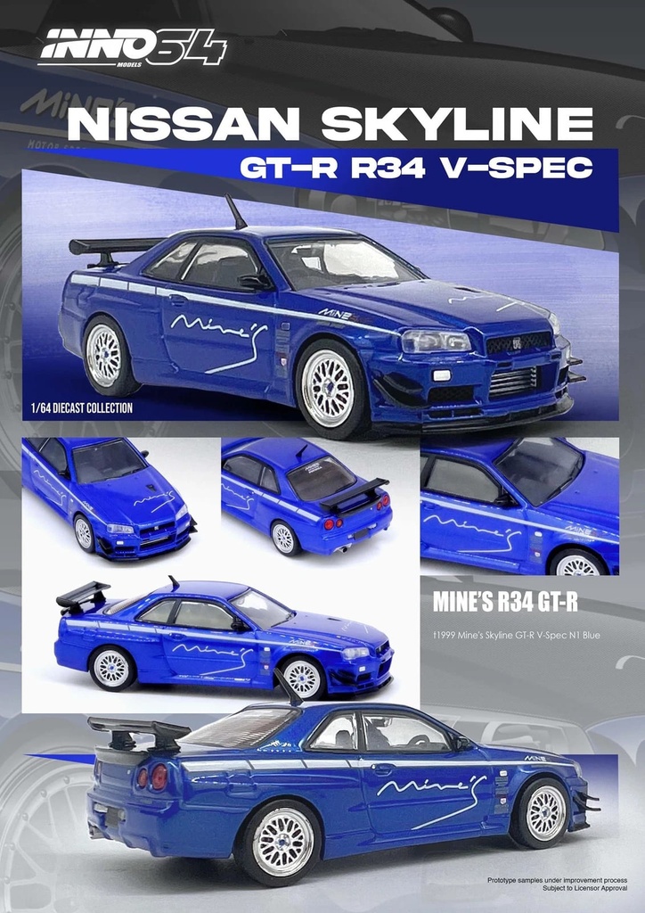 Inno64 1/64 Nissan Skyline GT-R R34 V-SPEC Tuned by MINEs Blue Diecast Car