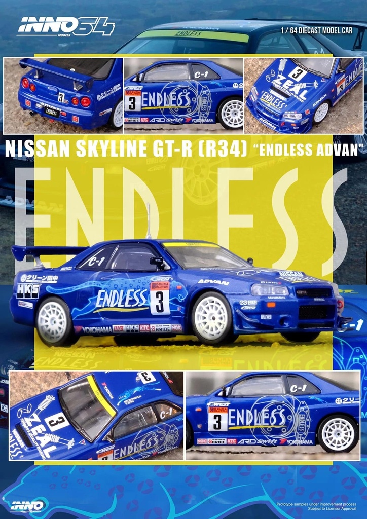 Inno64 1/64 Nissan Skyline GT-R R34 #3 Endless Advan Super Taikyu Series 2002 Winner Diecast Car