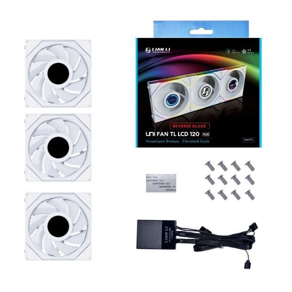 Lian Li Uni Fan TL-LCD Reverse 120 White (3pcs)aRGB PWM with LCD Screen 120mm TBC RPM (3pcs) with controller 28mm thickness (Reverse blade)