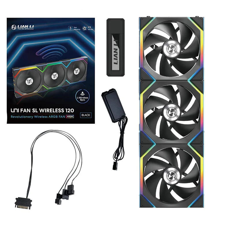 Lian Li 120mm UNI FAN SL Wireless ARGB Triple Pack Fan - Black | 12SL1W3B
