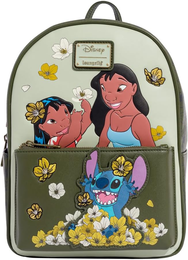 Loungefly! Leather: Stitch Lilo Floral Green Mini Backpack