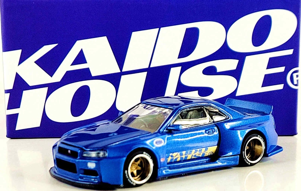 Kaido House x Mini GT 1/64 Nissan Skyline GT-R R34 Kaido Works V2 Aero Shinjuku V2 Blue #158 Diecast Car