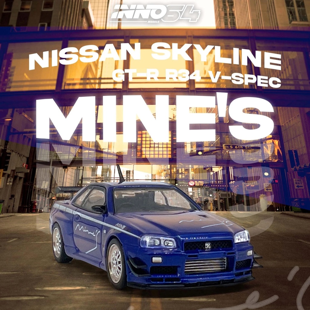 Inno64 1/64 Nissan Skyline GT-R R34 V-SPEC Tuned by MINEs Blue Diecast Car